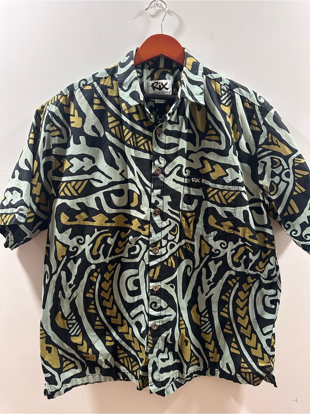 Rix Tribal Cotton Button-Up Aloha Shirt Men's XL Green Mustard Blue Short Sleeve